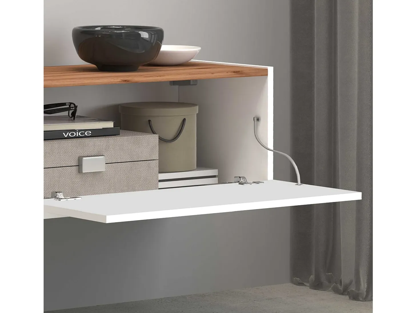 Mueble TV Garda con 2 puertas y 1 estante central blanco brillo y roble 210x35x30 cm