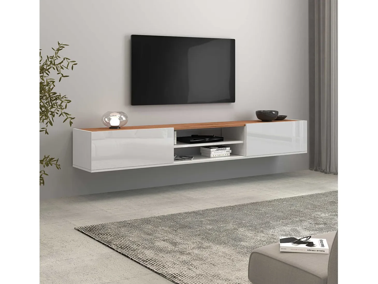 Mueble TV Garda con 2 puertas y 1 estante central blanco brillo y roble 210x35x30 cm