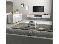 Mueble TV Garda con 2 puertas y 1 estante central blanco brillo y roble 210x35x30 cm