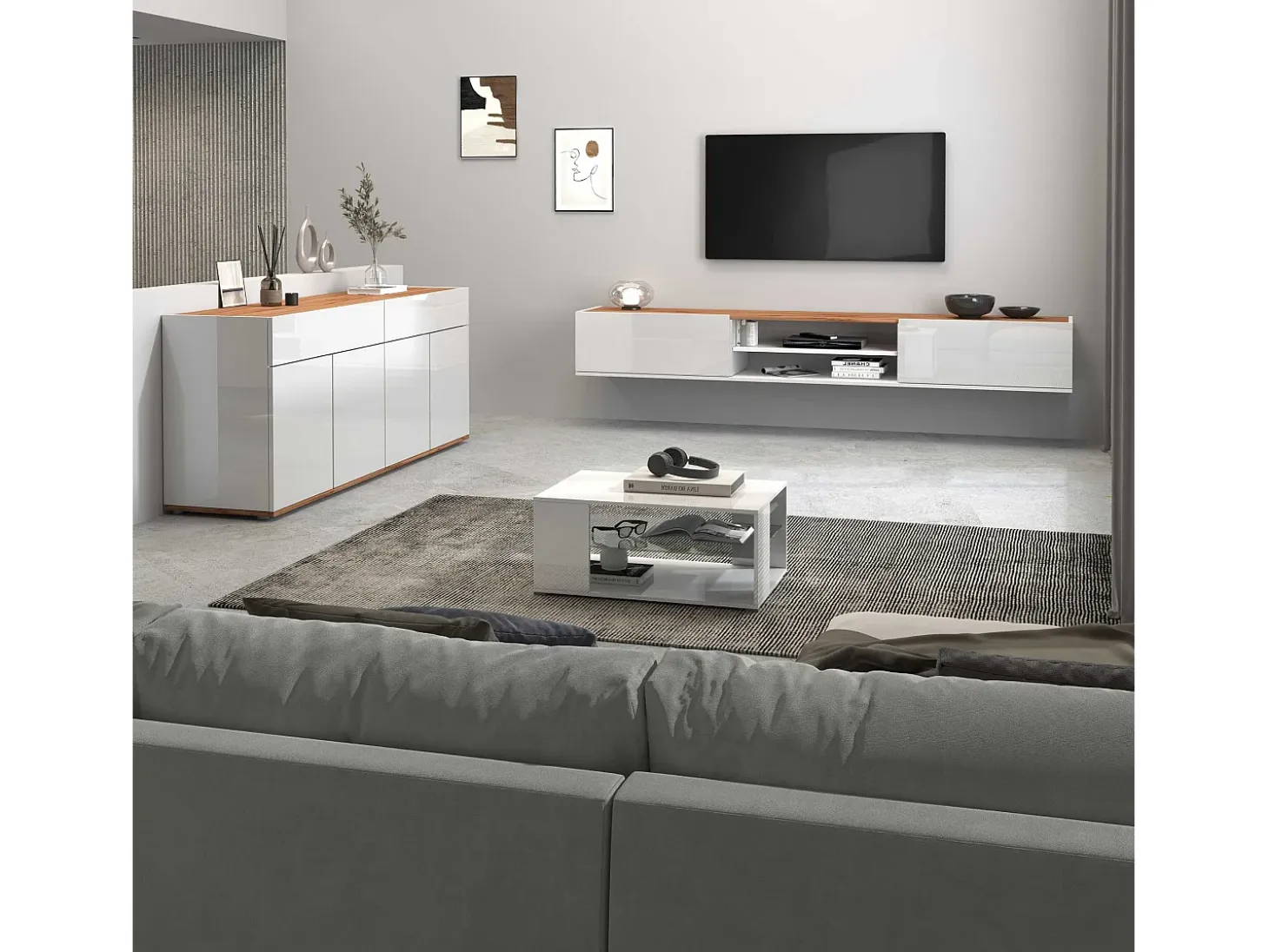 Mueble TV Garda con 2 puertas y 1 estante central blanco brillo y roble 210x35x30 cm