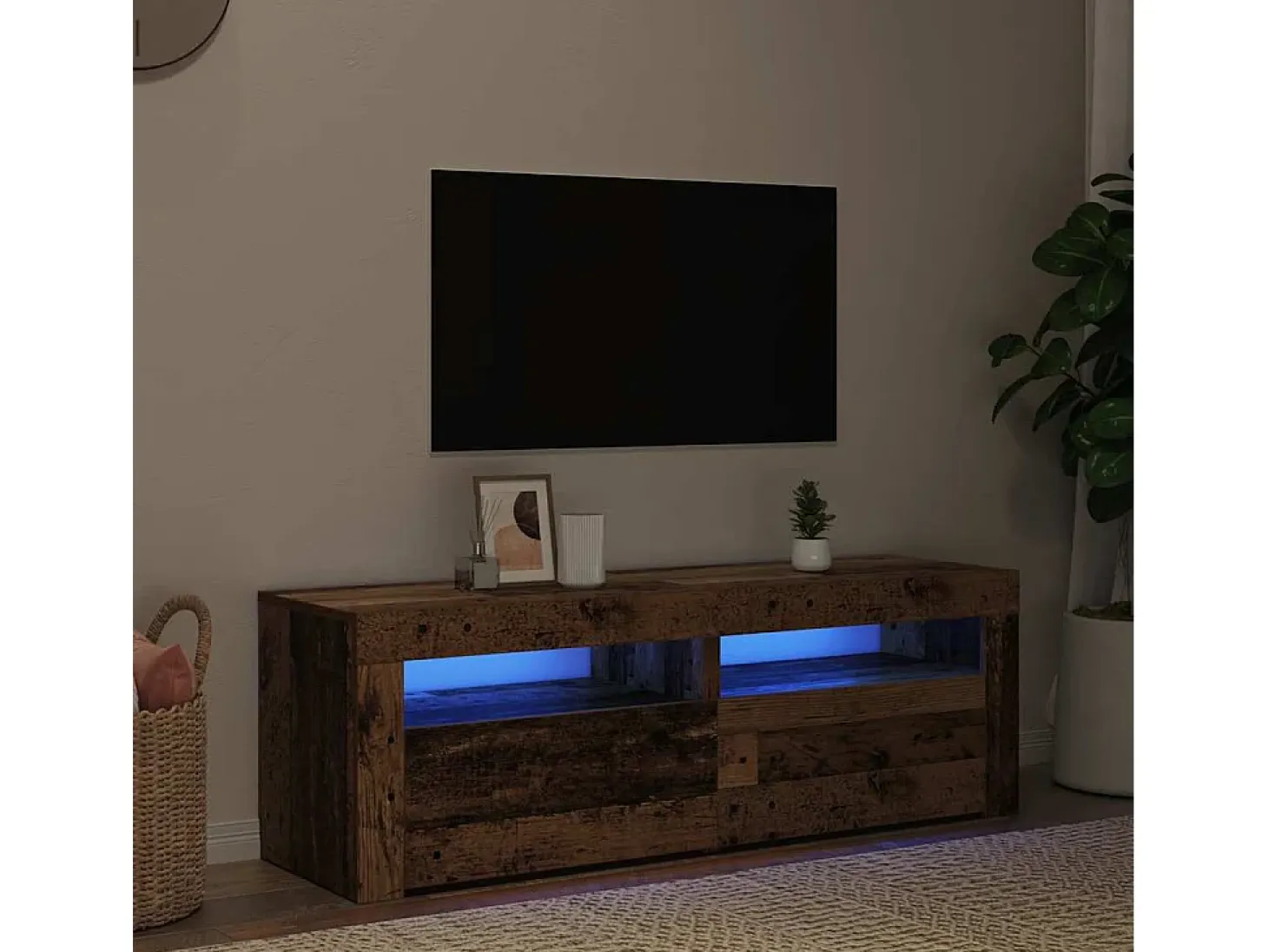 Mueble TV luces LED madera ingeniería envejecida 120x35x40 cm
