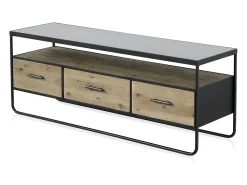 Mueble TV madera de abeto y hierro con encimera de cristal fumé