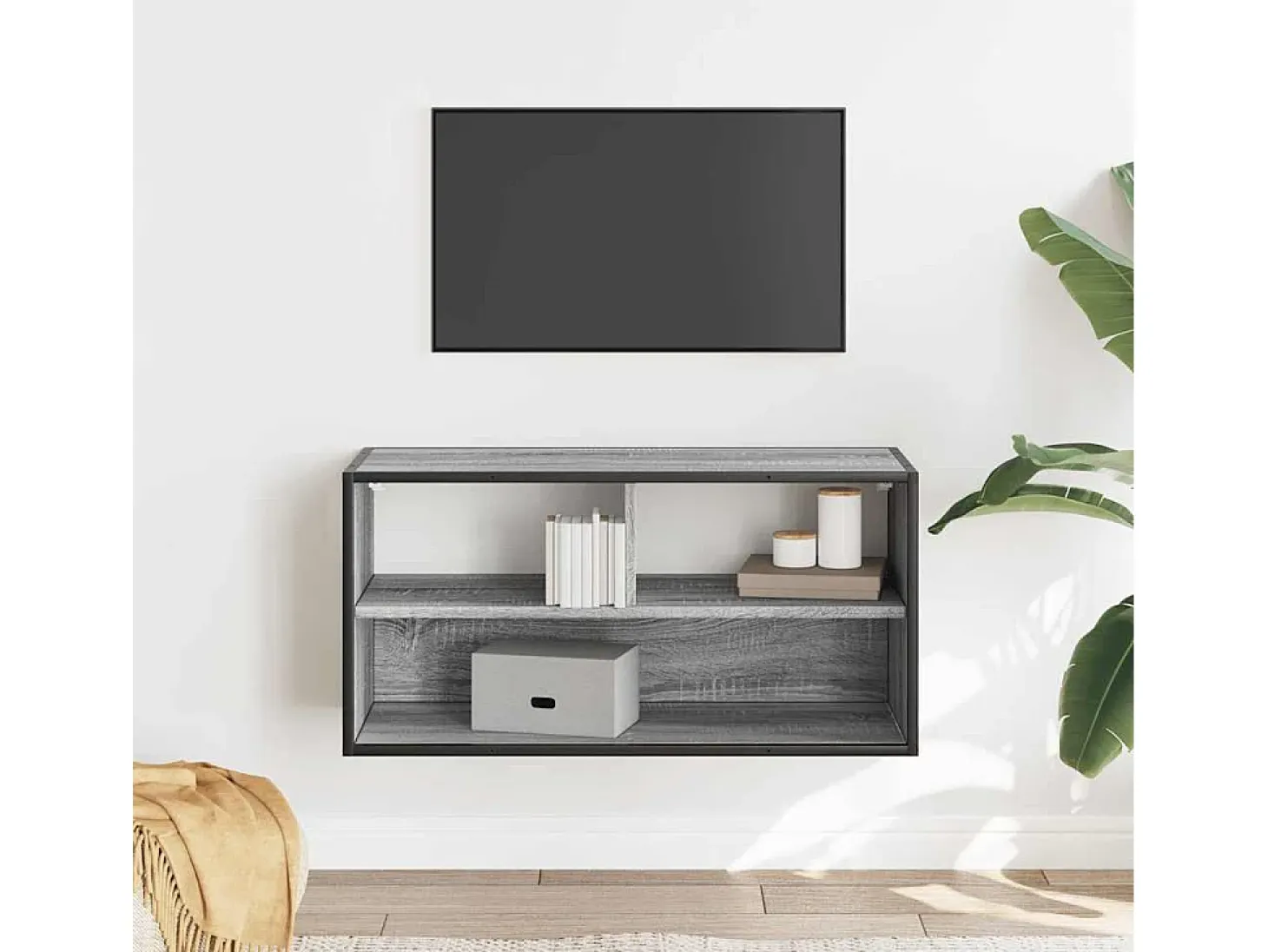 Mueble TV madera ingeniería y metal roble ahumado 80x31x39,5 cm