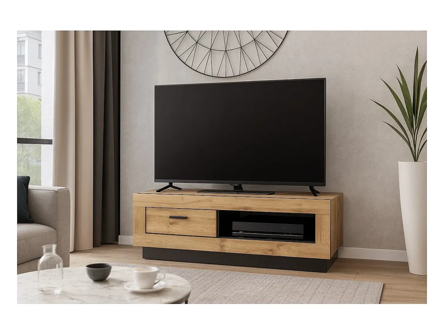 Mueble TV MALAGA - Color roble Wotan y negro - Estilo industrial - 120 x 45 x 48 cm