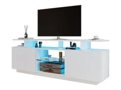 Mueble TV moderno de 140 cm con LED para TV de 60" - 2 puertas y 2 compartimentos de cristal - Blanco