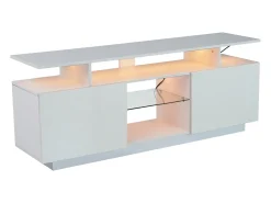 Mueble TV moderno de 140 cm con LED para TV de 60" - 2 puertas y 2 compartimentos de cristal - Blanco