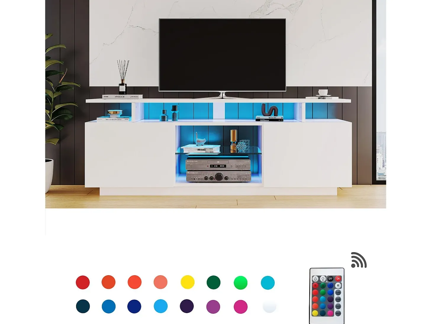 Mueble TV moderno de 140 cm con LED para TV de 60" - 2 puertas y 2 compartimentos de cristal - Blanco