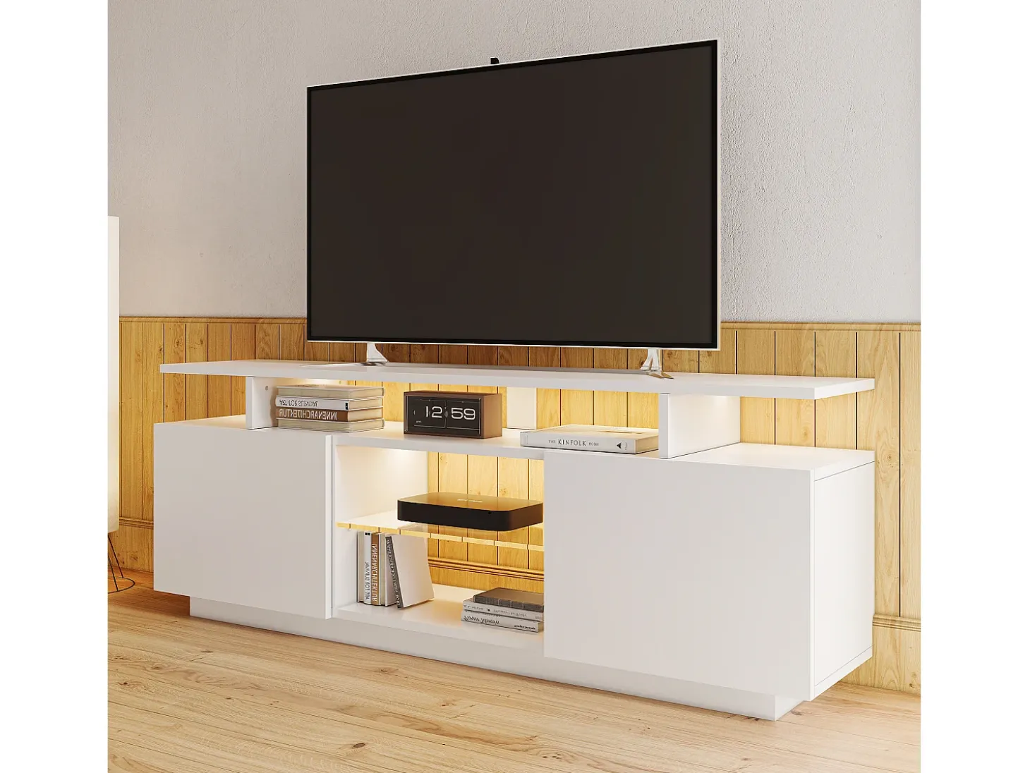 Mueble TV moderno de 140 cm con LED para TV de 60" - 2 puertas y 2 compartimentos de cristal - Blanco