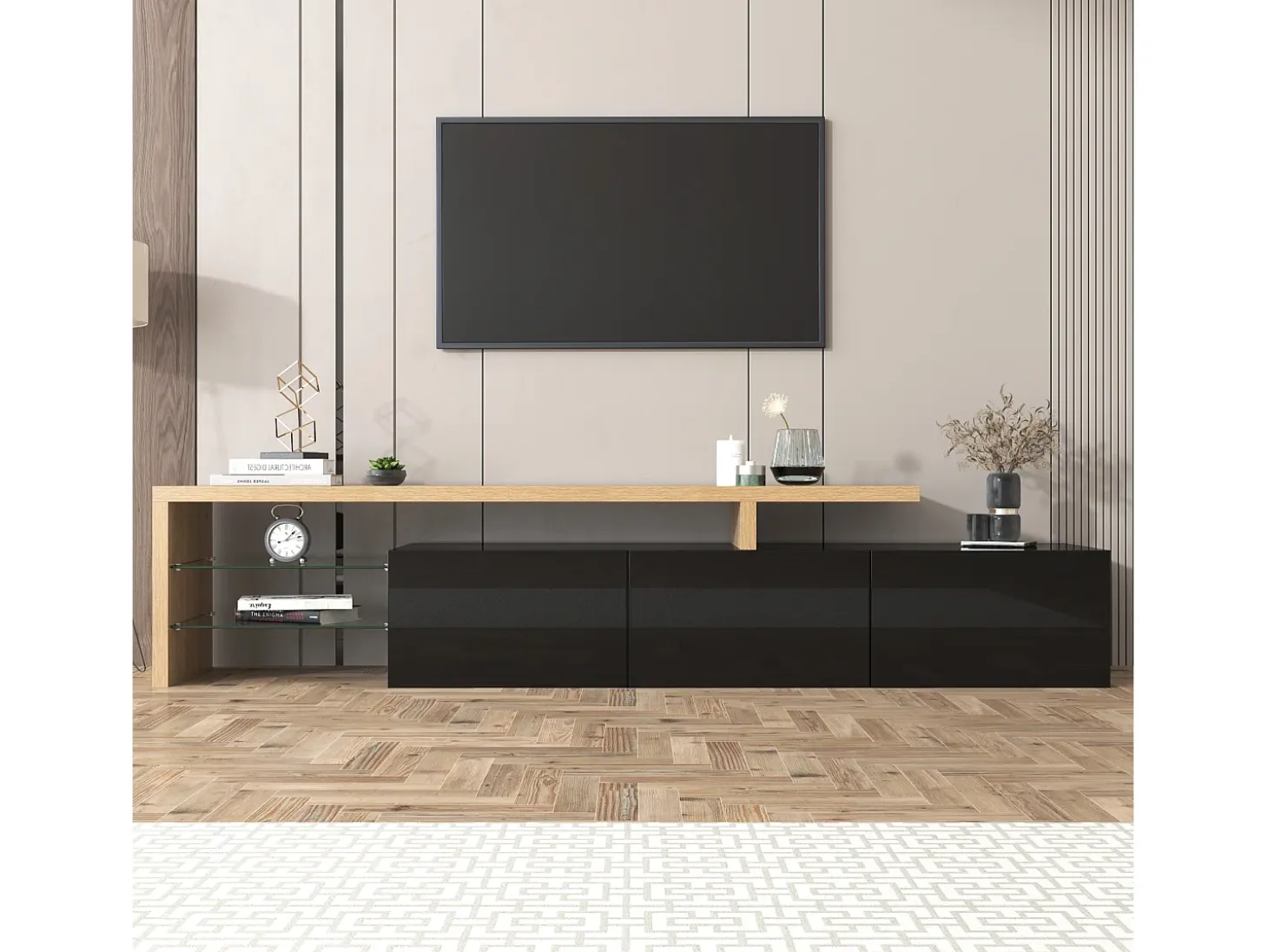 Mueble TV moderno de 2m con 3 puertas y 2 compartimentos de cristal - Black & Natural