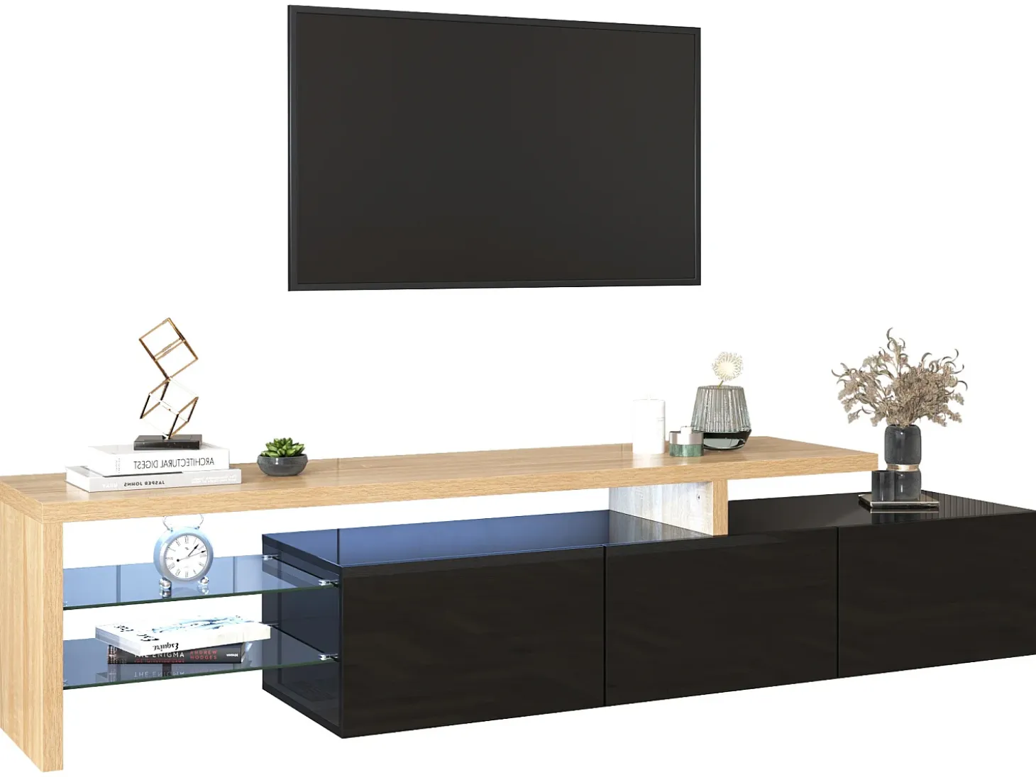Mueble TV moderno de 2m con 3 puertas y 2 compartimentos de cristal - Black & Natural