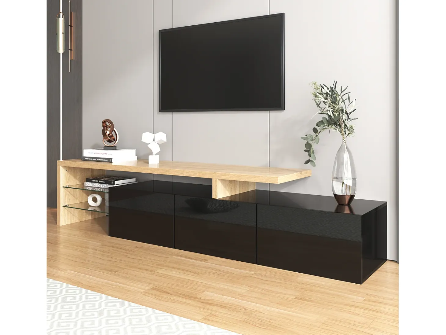 Mueble TV moderno de 2m con 3 puertas y 2 compartimentos de cristal - Black & Natural