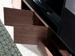 Mueble TV nogal, acero cromado y tapa de cristal negro 3047 ANGEL CERDA