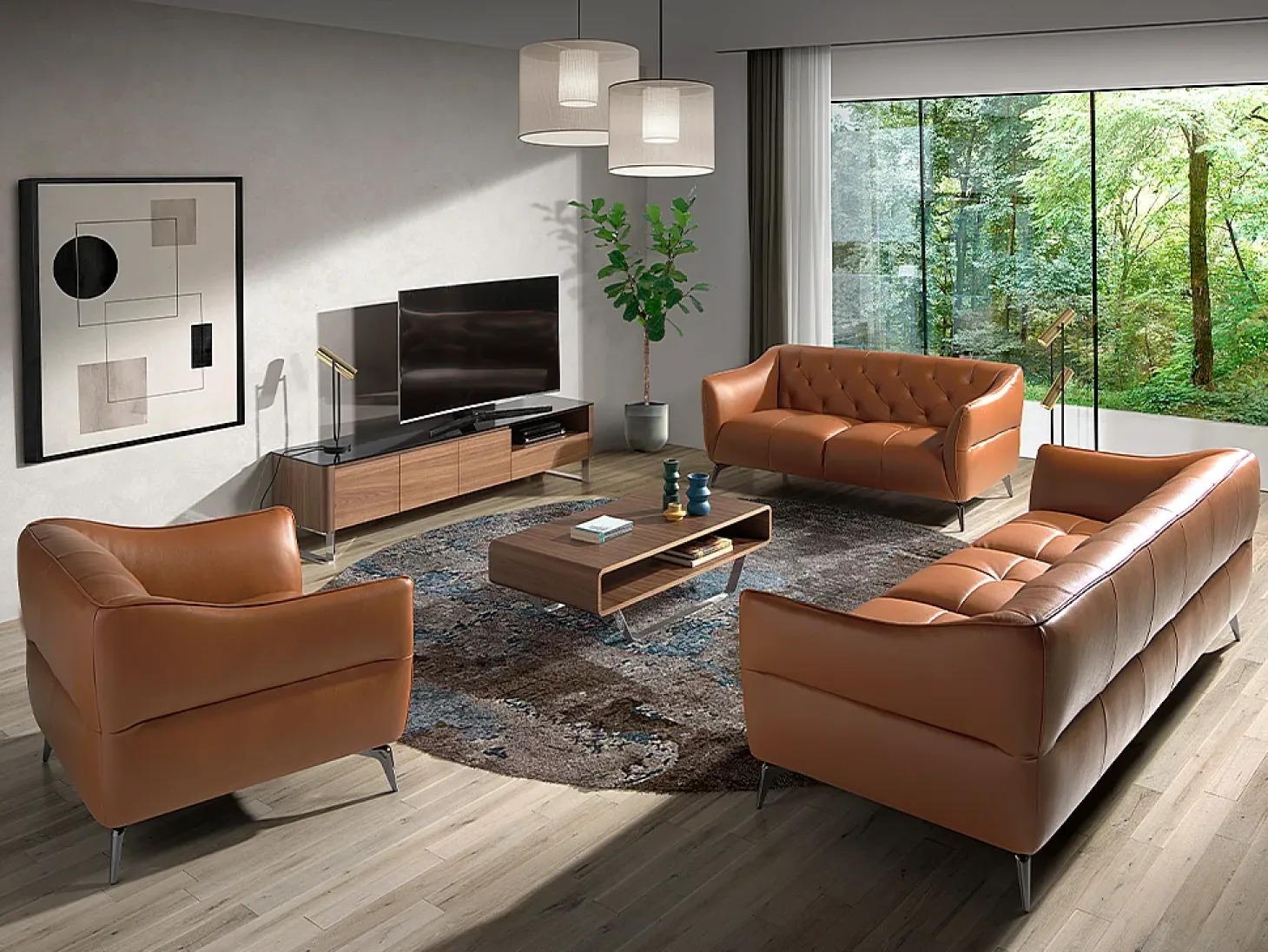 Mueble TV nogal, acero cromado y tapa de cristal negro 3047 ANGEL CERDA