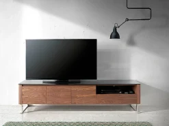 Mueble TV nogal, acero cromado y tapa de cristal negro 3047 ANGEL CERDA
