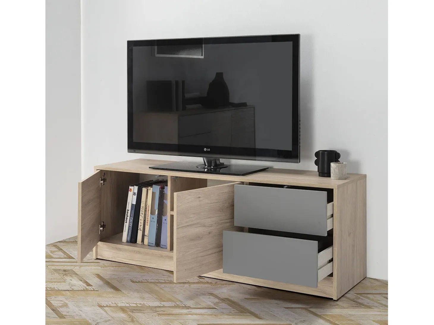 Mueble TV Panama 2 cajones 2 Puertas, Color Madera/Gris