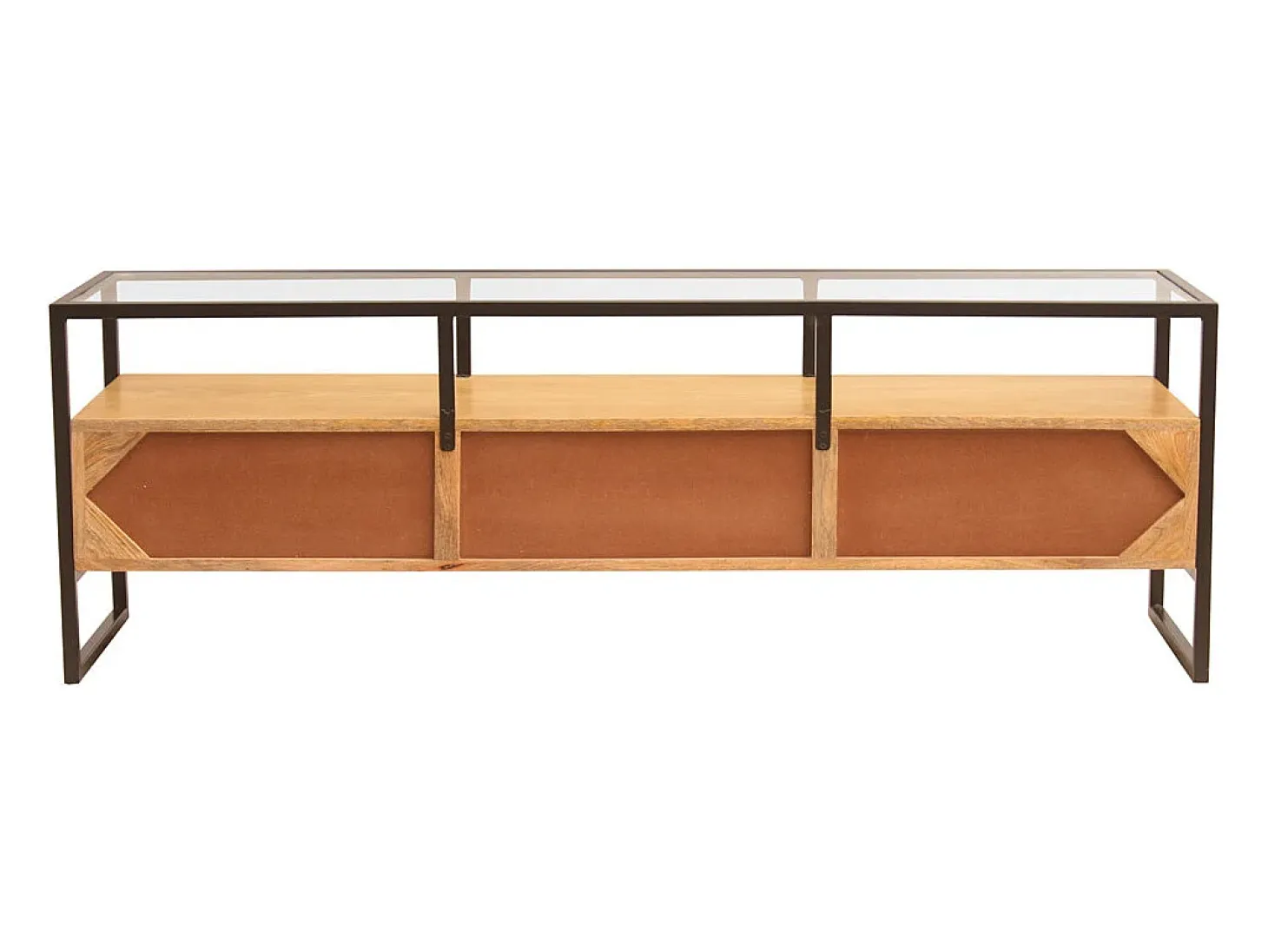 Mueble TV rectangular con almacenaje de madera maciza de mango, cristal y metal negro 150 cm DIYA