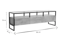 Mueble TV rectangular con almacenaje de madera maciza de mango, cristal y metal negro 150 cm DIYA
