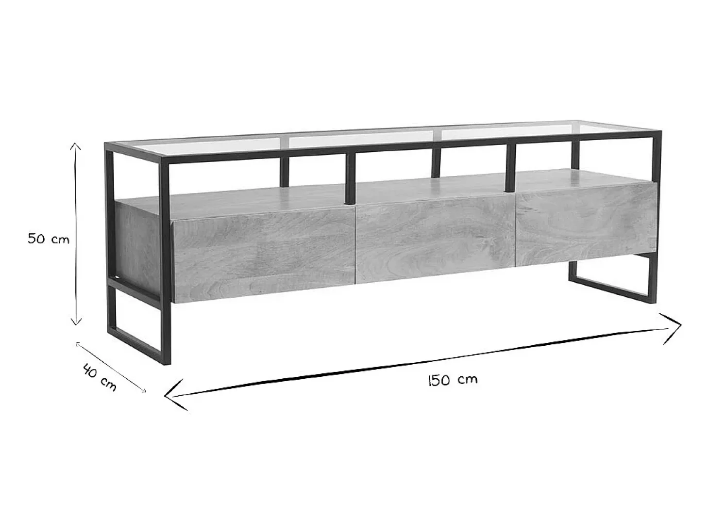 Mueble TV rectangular con almacenaje de madera maciza de mango, cristal y metal negro 150 cm DIYA