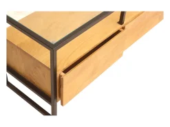 Mueble TV rectangular con almacenaje de madera maciza de mango, cristal y metal negro 150 cm DIYA