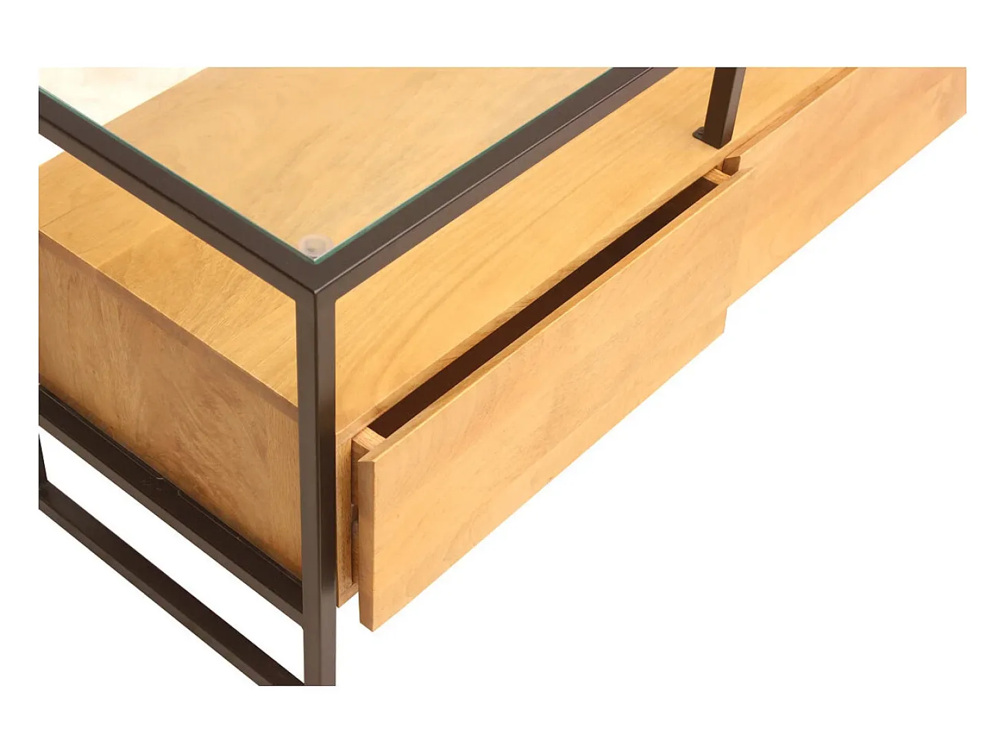 Mueble TV rectangular con almacenaje de madera maciza de mango, cristal y metal negro 150 cm DIYA