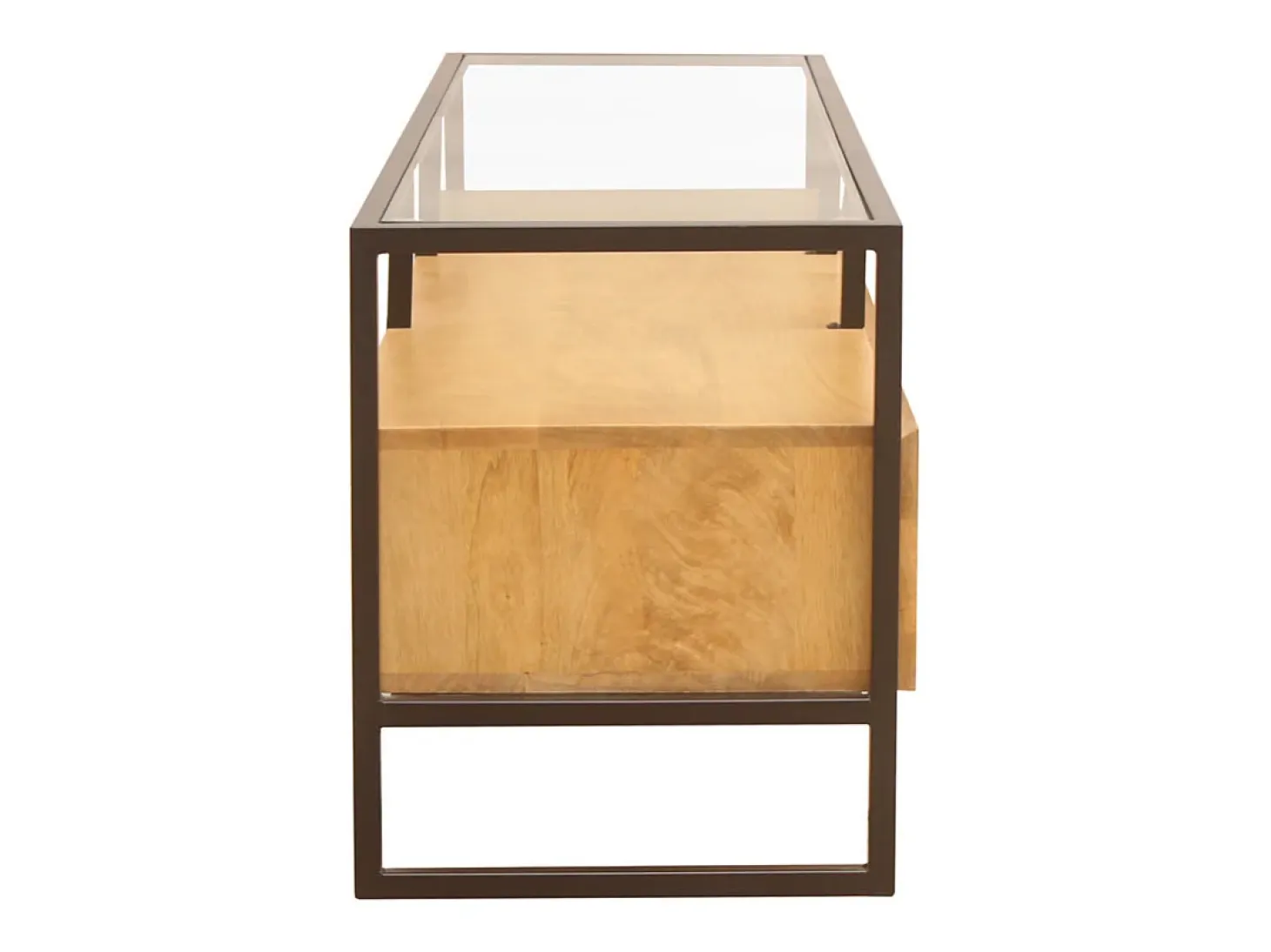 Mueble TV rectangular con almacenaje de madera maciza de mango, cristal y metal negro 150 cm DIYA
