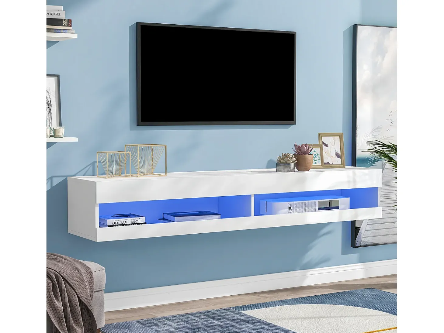 Mueble TV suspendido 140 cm con LED - Blanco