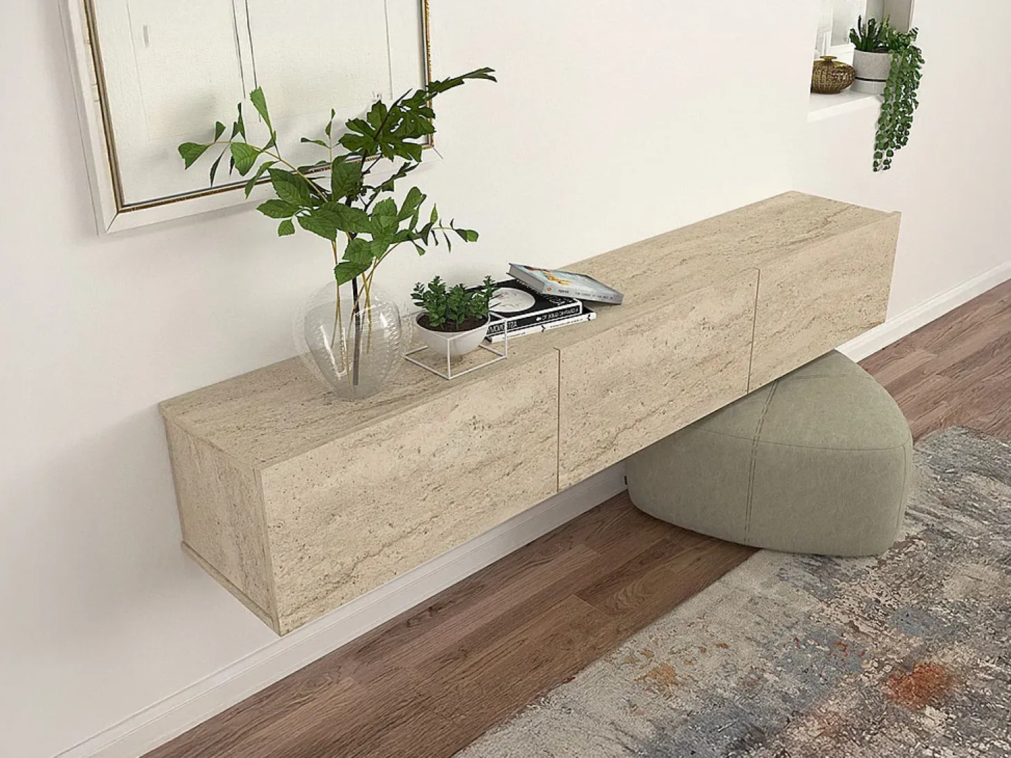 Mueble TV suspendido con 3 puertas - Efecto travertino - VIKILA