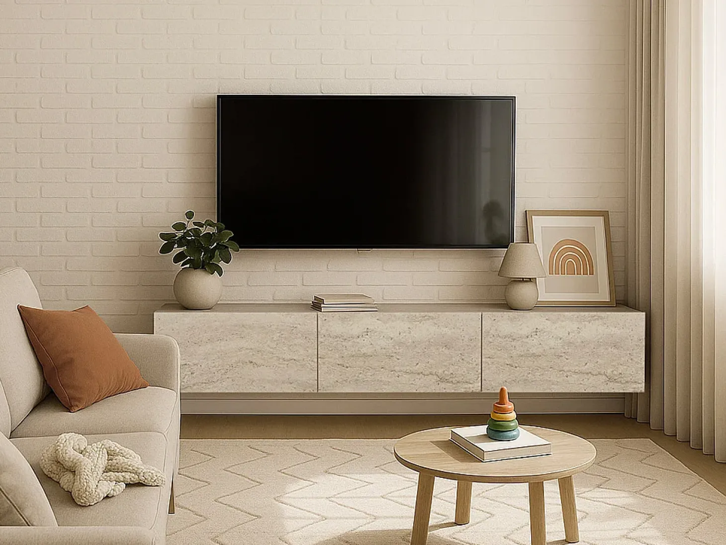 Mueble TV suspendido con 3 puertas - Efecto travertino - VIKILA