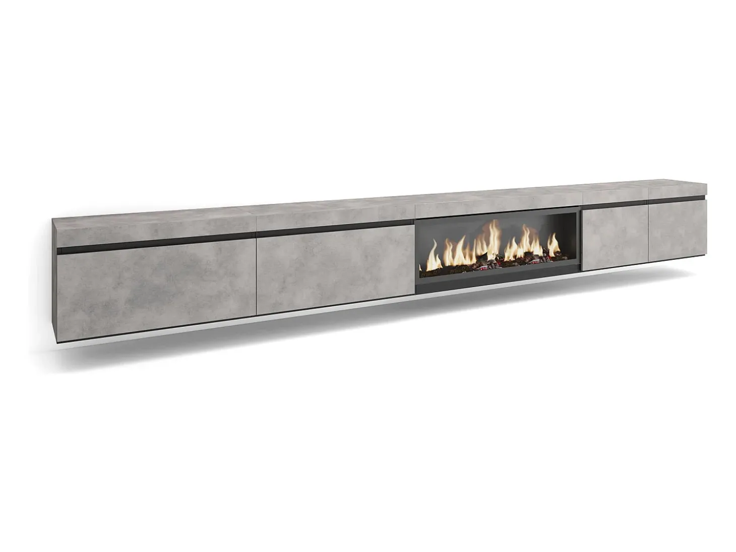 Mueble TV, Televisión, 368x35x45, Chimenea eléctrica XXL, Colgado, Suspendido, Cemento