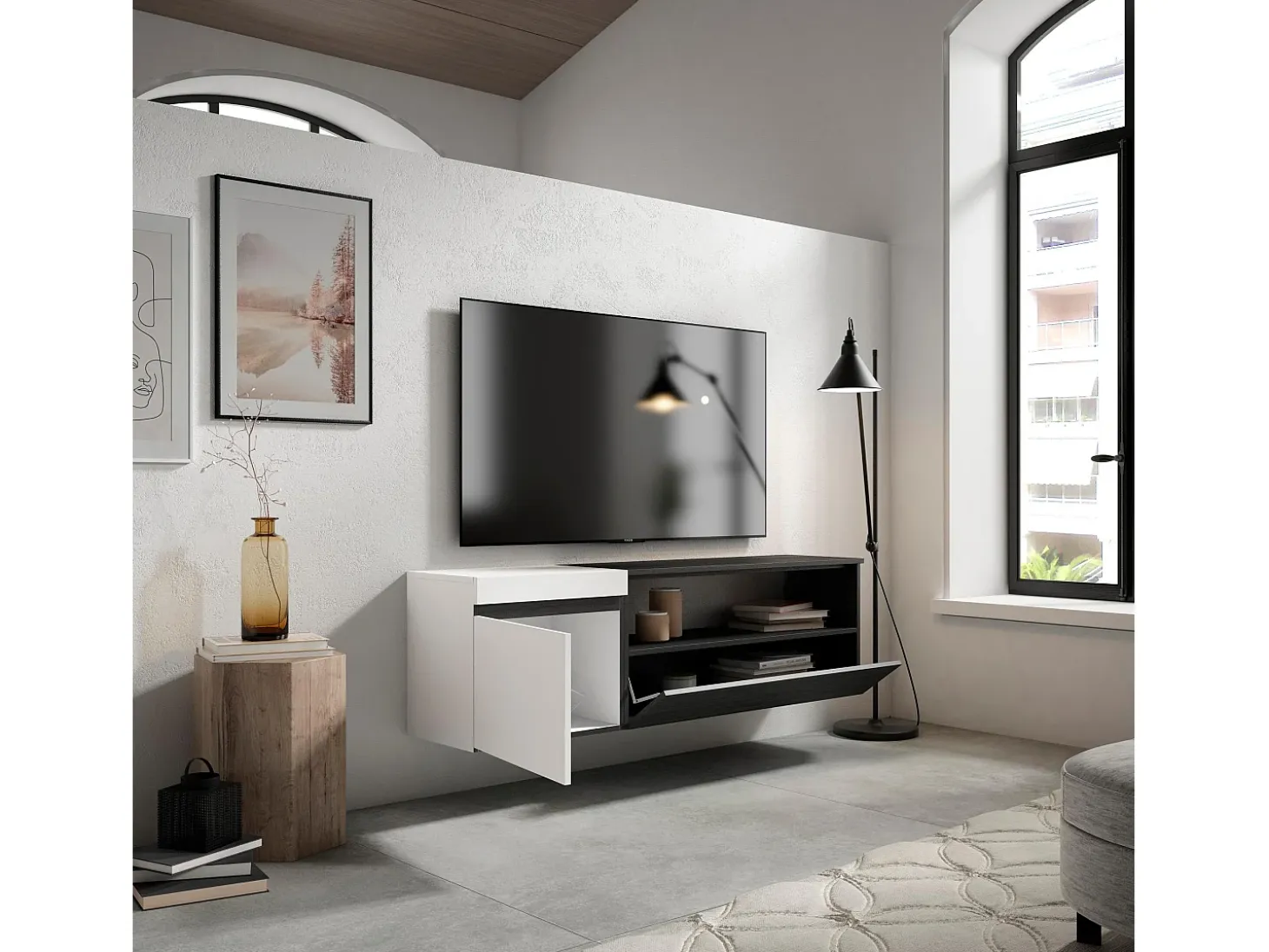 Mueble TV, Televisión, 150x35x45cm, Para TV hasta 65", Colgado, Suspendido, Blanco y negro