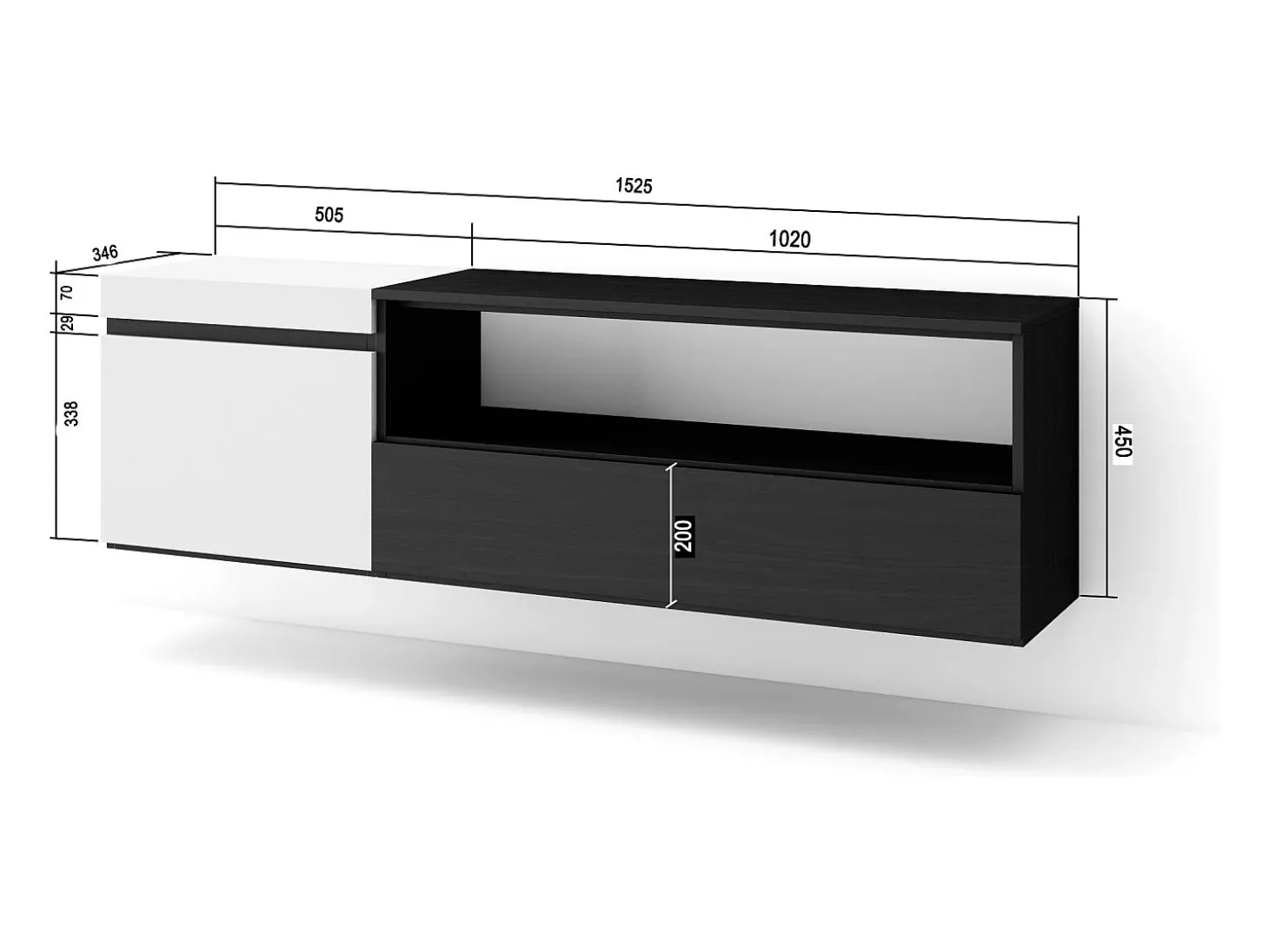 Mueble TV, Televisión, 150x35x45cm, Para TV hasta 65", Colgado, Suspendido, Blanco y negro