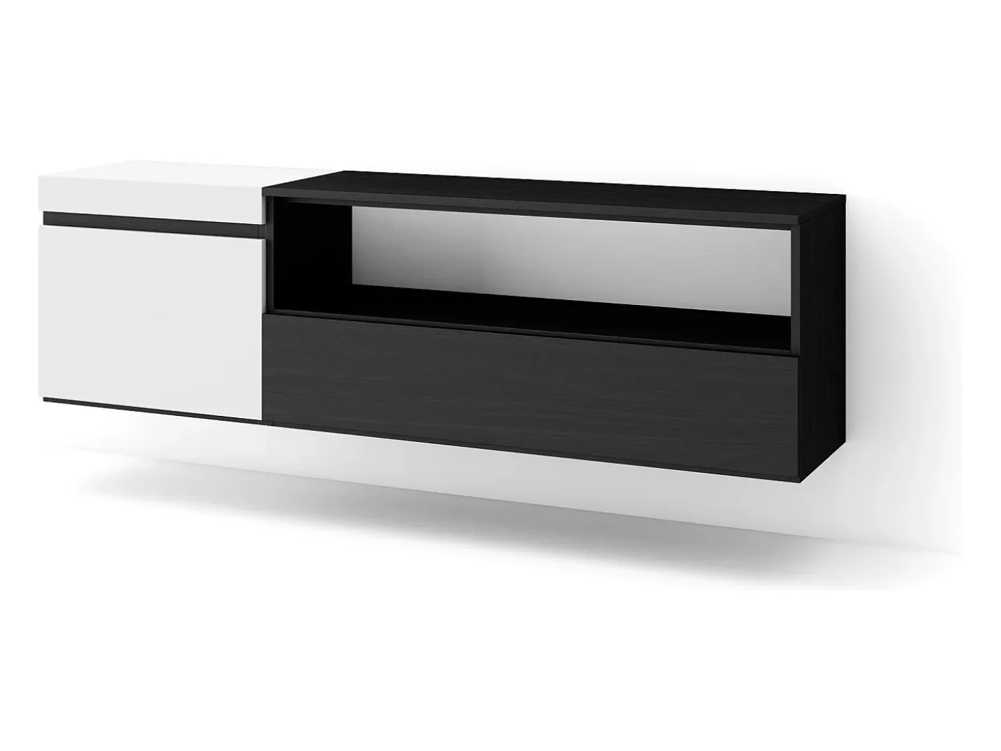 Mueble TV, Televisión, 150x35x45cm, Para TV hasta 65", Colgado, Suspendido, Blanco y negro