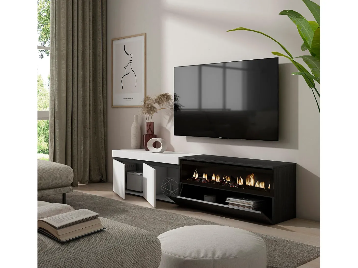 Mueble TV, Televisión, 200x35x45cm, Para TV hasta 80", Chimenea eléctrica, Blanco y negro