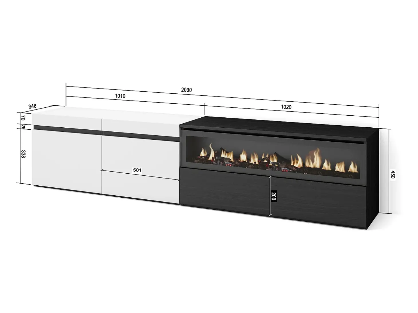 Mueble TV, Televisión, 200x35x45cm, Para TV hasta 80", Chimenea eléctrica, Blanco y negro