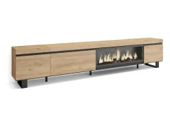 Mueble TV, Televisión, 288x35x57cm, Para TV gran formato, Chimenea eléctrica XXL, Diseño industrial, Roble