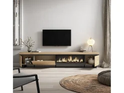 Mueble TV, Televisión, 288x35x57cm, Para TV gran formato, Chimenea eléctrica XXL, Diseño industrial, Roble
