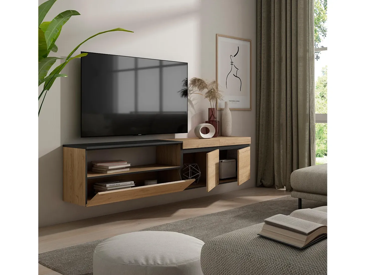Mueble TV, Televisión, 200x35x45cm, Para TV hasta 80", Colgado, Suspendido, Roble y negro