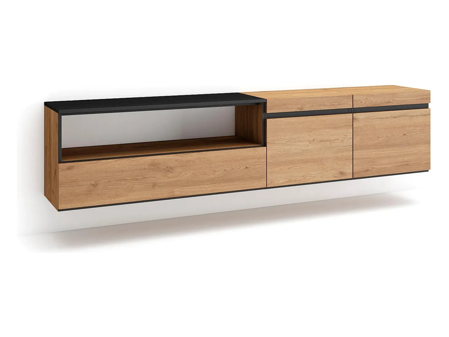 Mueble TV, Televisión, 200x35x45cm, Para TV hasta 80", Colgado, Suspendido, Roble y negro