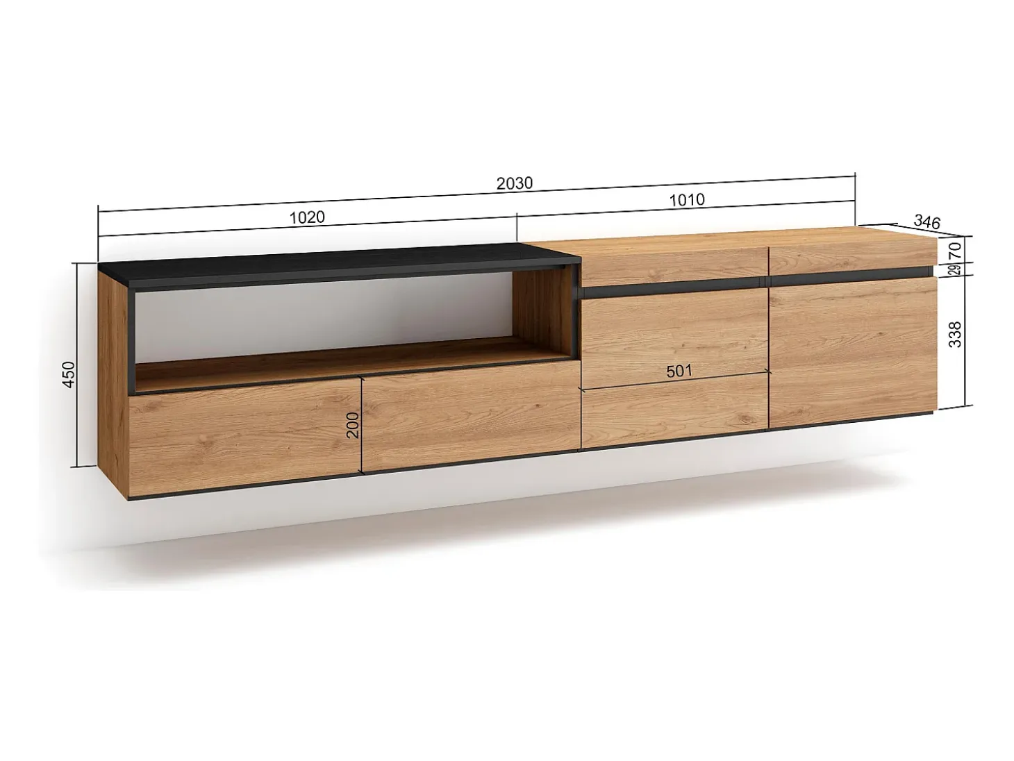 Mueble TV, Televisión, 200x35x45cm, Para TV hasta 80", Colgado, Suspendido, Roble y negro