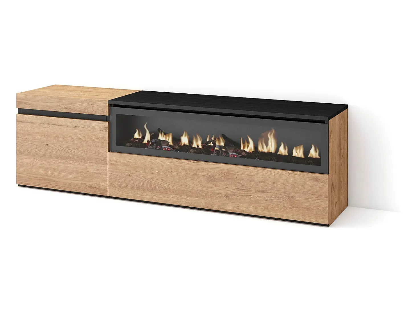 Mueble TV, Televisión, 150x35x45cm, Para TV hasta 65", Chimenea eléctrica, Roble y negro
