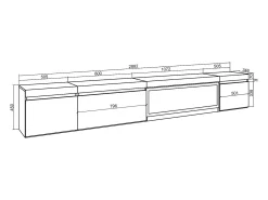 Mueble TV, Televisión, 288x35x45cm, Para TV gran formato, Chimenea eléctrica XXL, Colgado, Suspendido, Roble y negro