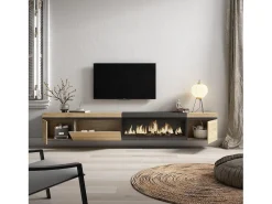 Mueble TV, Televisión, 288x35x45cm, Para TV gran formato, Chimenea eléctrica XXL, Colgado, Suspendido, Roble y negro
