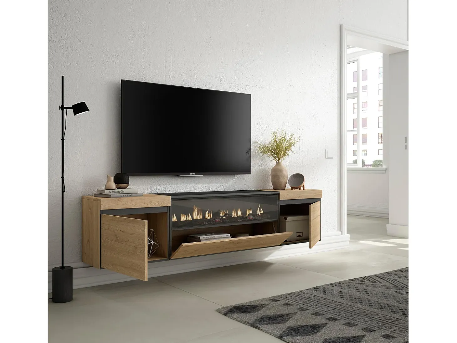 Mueble TV, Televisión, 200x35x45cm, Para TV hasta 80", Chimenea eléctrica, Colgado, Suspendido, Roble y negro