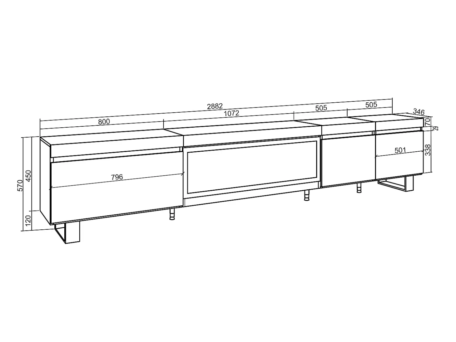 Mueble TV, Televisión, 288x35x57cm, Para TV gran formato, Chimenea eléctrica XXL, Diseño industrial, Roble
