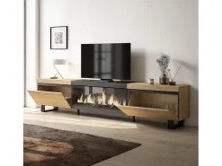 Mueble TV, Televisión, 267x35x57cm, Para TV gran formato, Chimenea eléctrica XXL, Diseño industrial, Roble y negro
