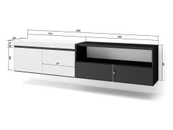 Mueble TV, Televisión, 200x35x45cm, Para TV hasta 80", Colgado, Suspendido, Blanco y negro