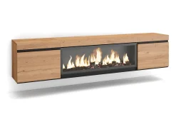 Mueble TV, Televisión, 208x35x45cm, Para TV hasta 80", Chimenea eléctrica XXL, Colgado, Suspendido, Roble
