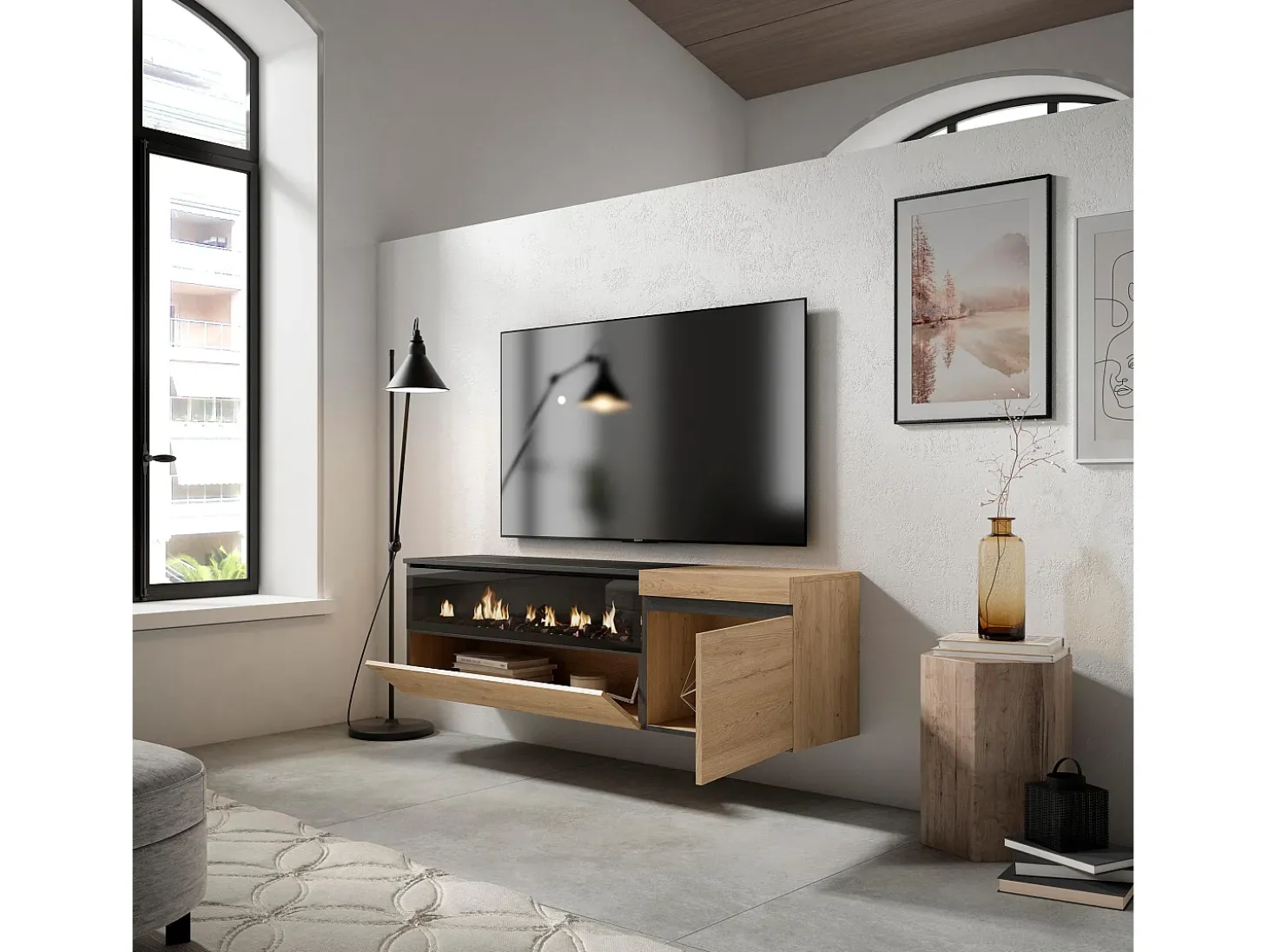 Mueble TV, Televisión, 150x35x45cm, Para TV hasta 65", Chimenea eléctrica, Colgado, Suspendido, Roble y negro