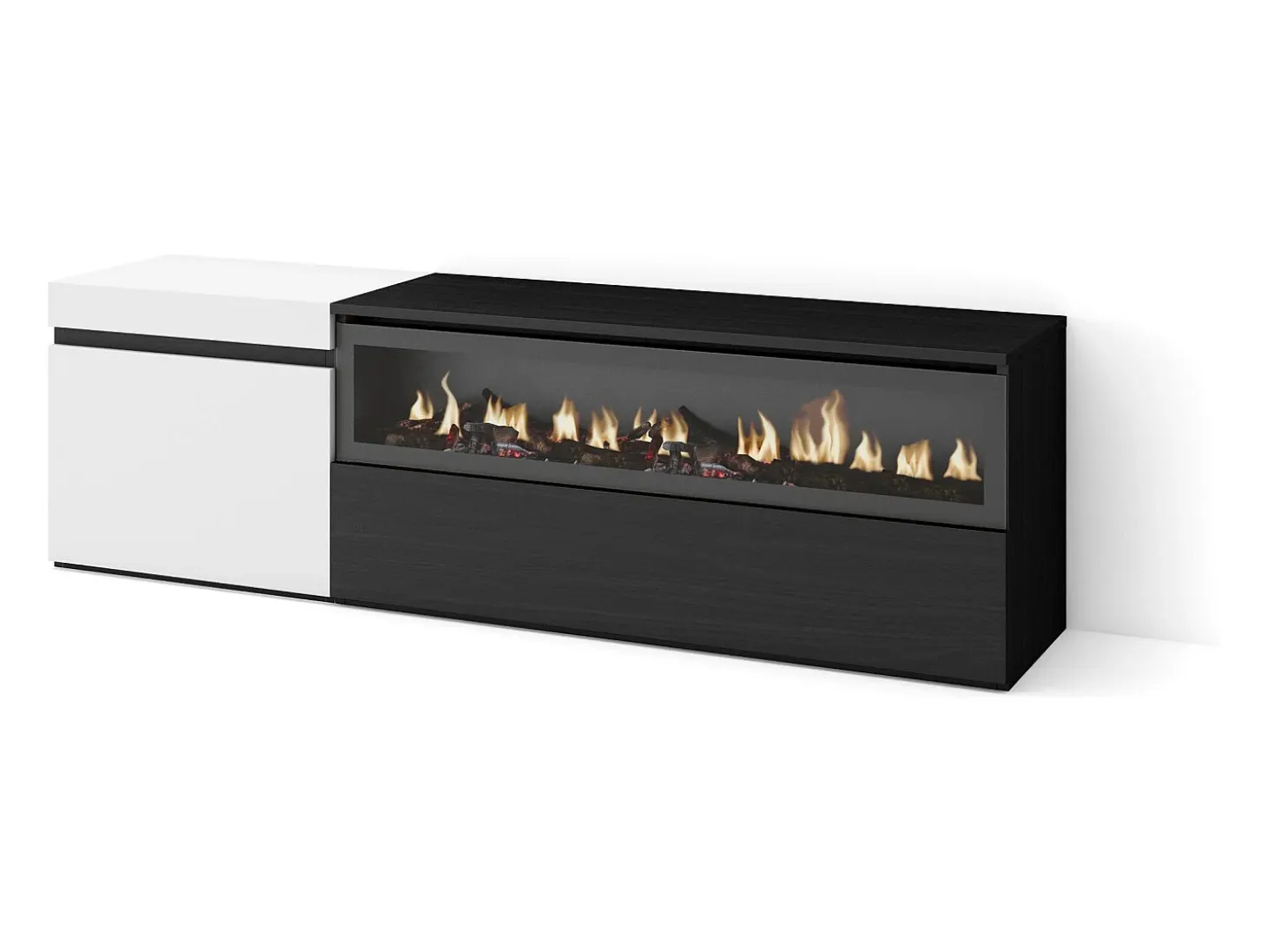 Mueble TV, Televisión, 150x35x45cm, Para TV hasta 65", Chimenea eléctrica, Blanco y negro