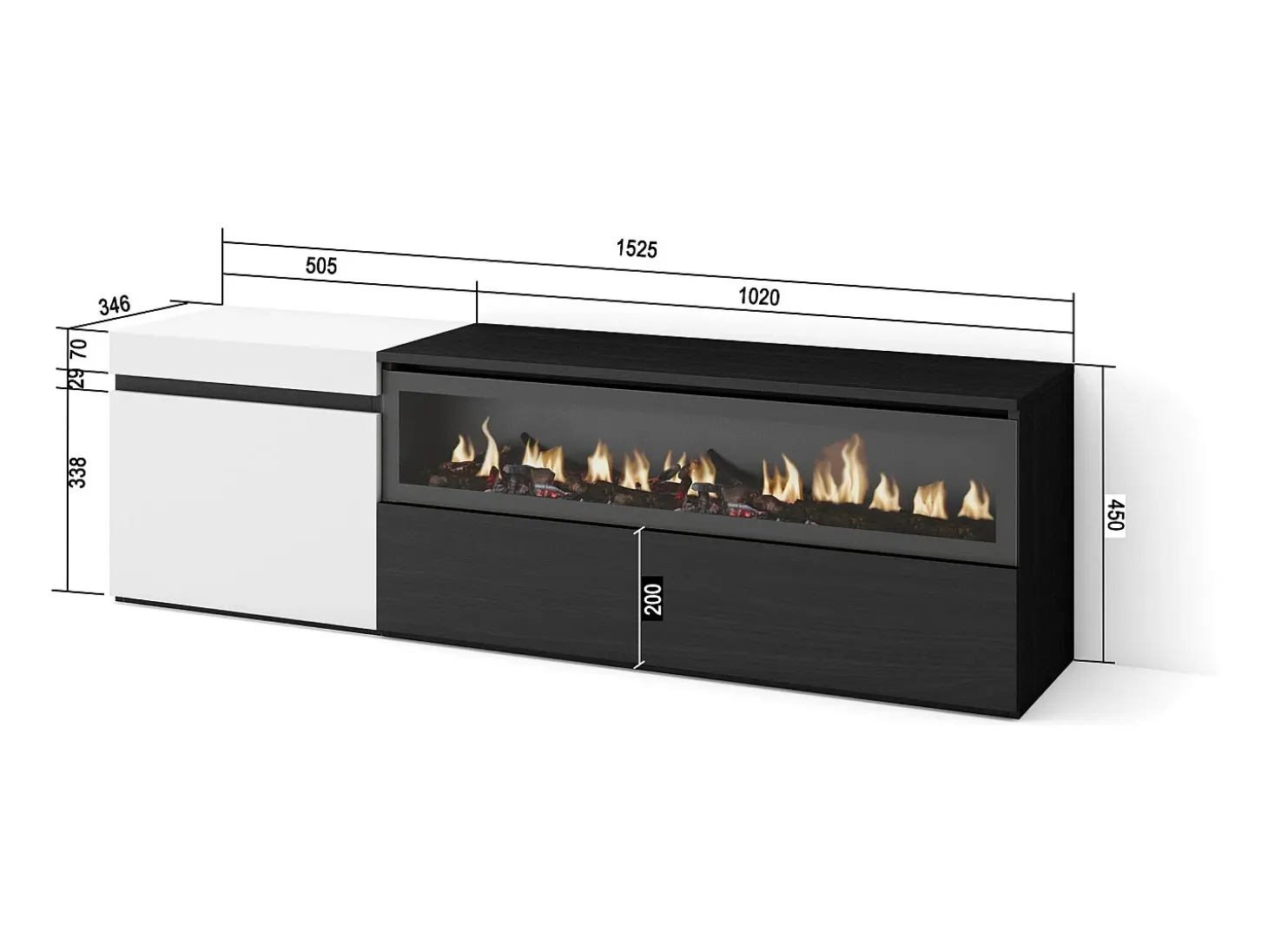 Mueble TV, Televisión, 150x35x45cm, Para TV hasta 65", Chimenea eléctrica, Blanco y negro